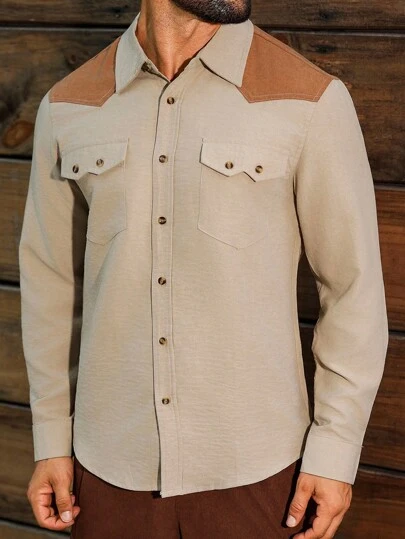Manfinity Nomadique Men's Contrast Color Patchwork Shoulder Long Sleeve Single-Breasted Casual Shirt Button-Down Fit Western Shirt, Fall