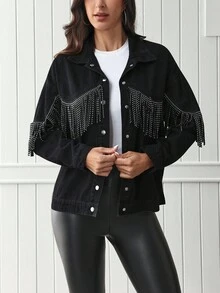 EMERY ROSE Fringe Trim Drop Shoulder Denim Jacket