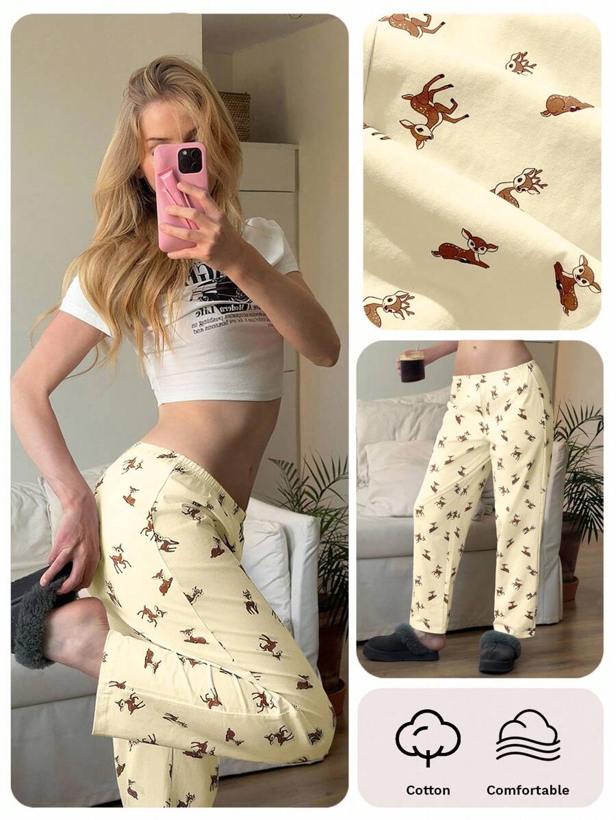 CovetEZ 女式鹿纹松紧腰宽松休闲裤 - Butter Yellow - 查看 1