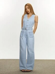 SHEIN EZwear Pantalon salopette en jean décontracté et élégant pour femmes - Bleu azur - Voir 1