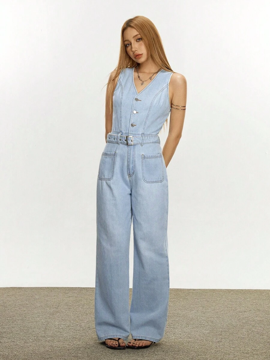 SHEIN EZwear Pantalon salopette en jean décontracté et élégant pour femmes - Bleu azur - Voir 1