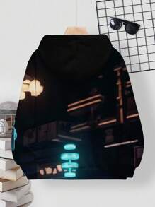 SHEIN 男童休闲时尚卡通像素人图案印花宽松舒适长袖卫衣，适合秋冬季节，童装男童，Y2K风格，返校季秋季服装 - 彩色 - 查看 3