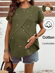 SHEIN 孕妇爱心刺绣圆领短袖休闲T恤