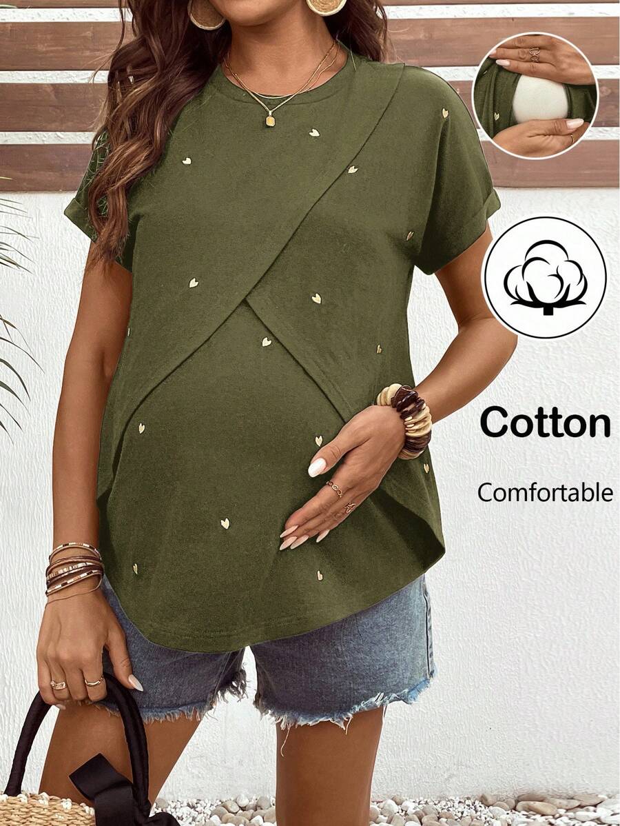 SHEIN 孕妇爱心刺绣圆领短袖休闲T恤