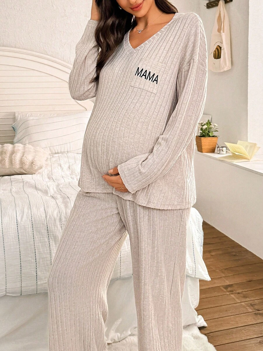 Moonlight&Mama Women's Casual Pocket Letter Embroidery V-Neck Long Sleeve Top & Pants Maternity Loungewear Set, Fall & Winter Clothes, Cozy Outfits - Apricot - View 1