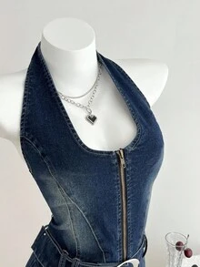 Elamini 女式拉链挂脖系腰修身无袖牛仔连衣裙 - 深色水洗藍 - 查看 5