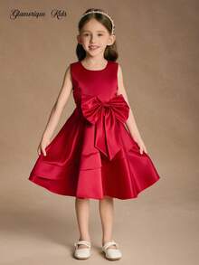 Glamorique Kids Red Summer Satin Traditional Wedding Kids Dress,Girl's Princess Big Bow Puff Ball Gown,Christmas Santa New Year Partywear,Piano Performance Birthday - Red - View 3