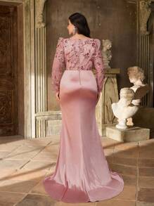 Aureia Vestido elegante, romántico y lujoso de talla grande con cuello cuadrado transparente, mangas largas, puños fruncidos, dobladillo de cola de pez con cola, adornado con bordados de loto rosa, cuentas y parches de satén elástico. Adecuado para fiestas de noche, citas, bailes de graduación, ceremonias de graduación y vestidos de gala formales (con mucho adorno) - Rosa vieja - Ver 6