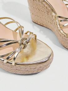 CUCCOO SZL Women's Wedge Thick Rope Sole Gold Strap Tie Up Sandals, Sexy Vacation Style