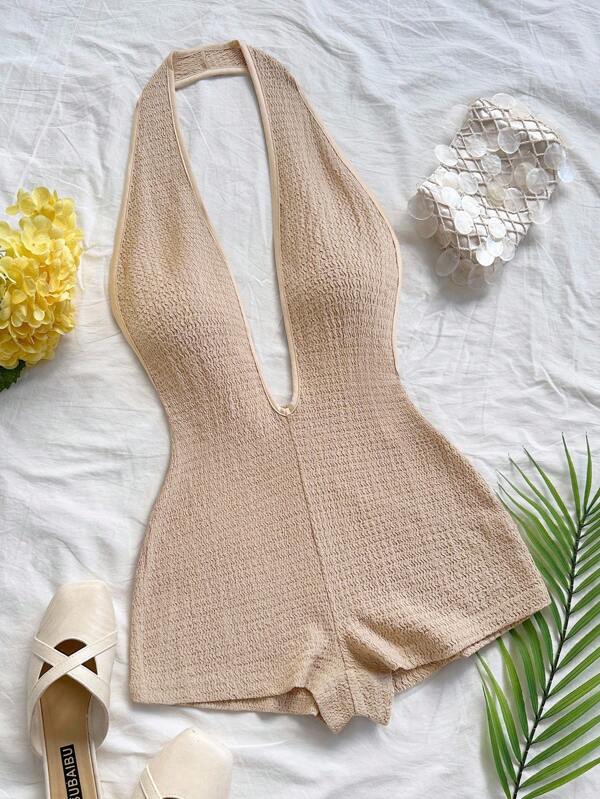 Soleia Women's Vacation White Knit Textured Wavy Pattern Deep V Neck Backless Sexy Bodysuit, Fashionable Fitted For Party, Date, Afternoon Tea, Boho Vacation, Beach, Summer Outfit,Party, Beige Swimsuit Knitted Bathing Suit Cream Bathing Suit Halter Swimsuit Bodysuit Swimsuit
