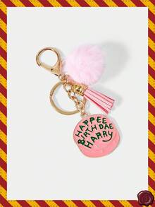 HARRY POTTER X SHEIN 1pc Cartoon Alloy Dripping Oil Cake, Pink Short Tassel, Pom Pom Keychain Bag Charm Accessory, Gift For Friends - Pink - View 2