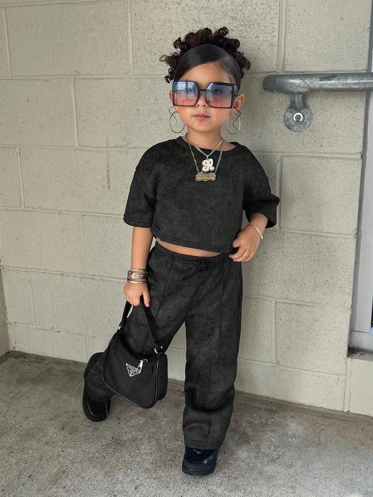 2 件装年轻女孩炭灰色套头 T 恤和紧身裤套装，休闲日常搭配 - 灰色 - 查看 4