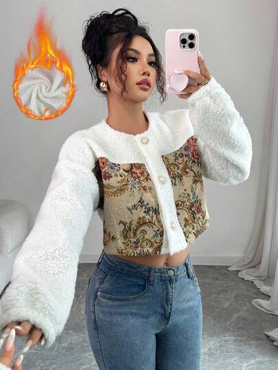 Elenzga Women's Faux Shearling Patchwork Embroidered Long Sleeve Single-Breasted Cropped Jacket