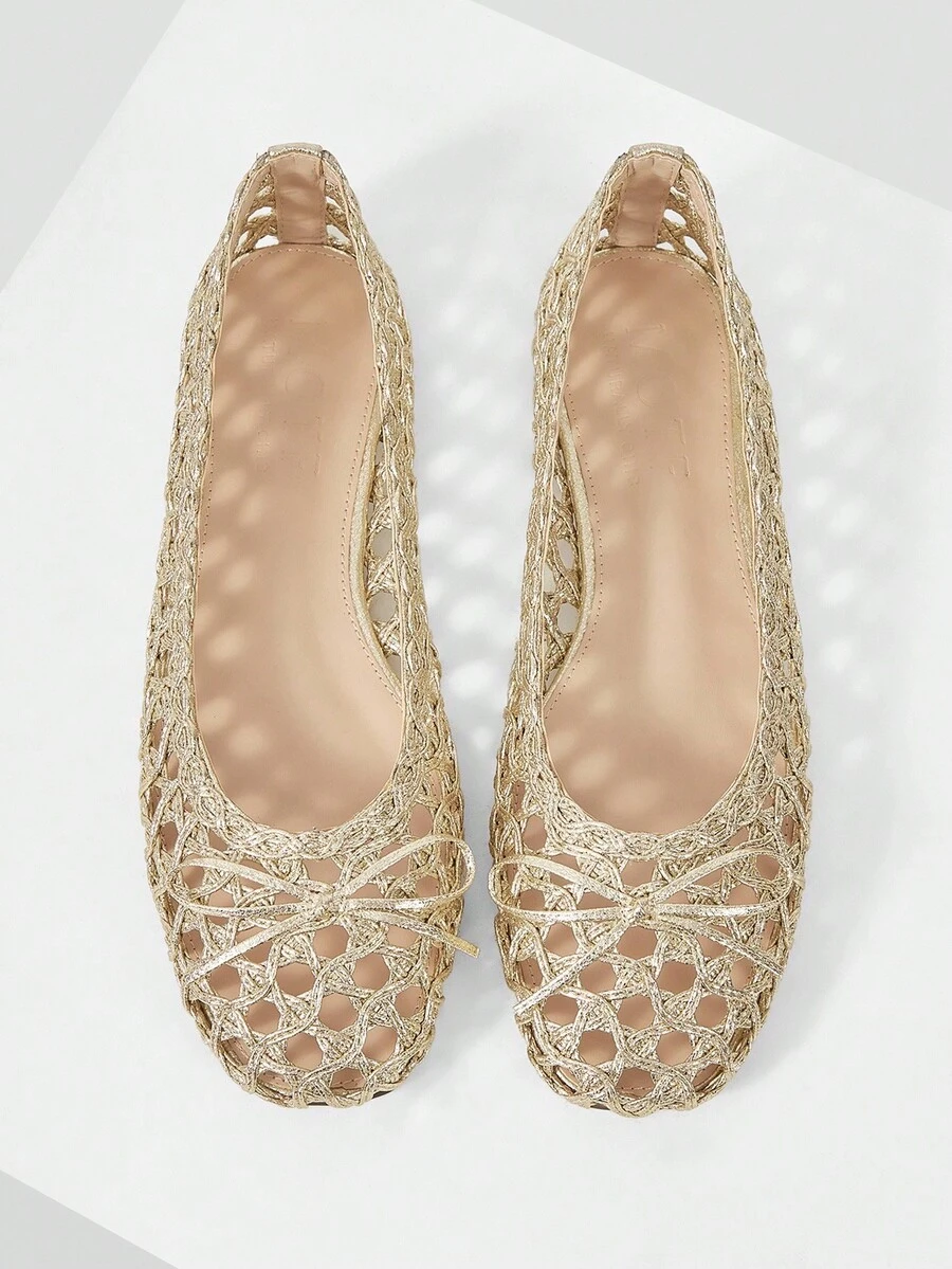 MOTF PREMIUM 女士编织蝴蝶结镂空金色平底鞋 - 金色 - 查看 1