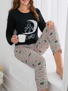 RueChic 100% Cotton 2Pcs  Cute Animal Printed Pj Set - Black - View 3