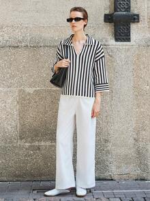 SHEIN LUNE 女式高领双色条纹时尚百搭套头衫 - 彩色 - 查看 3