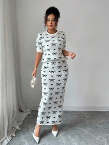 Rafferiza Neuer koreanischer Stil eleganter Schmetterlingsdruck Rundhals Kurzarm Pullover & hochtailliger Bodycon Rock 2 Stücke Set für Frauen für Frühling/Sommer