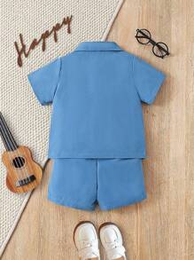 SHEIN Baby Boy Summer Casual Solid Color Short Sleeve Shirt And Jacket With Shorts Set - Blue - View 2
