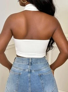 SHEIN PETITE CURVE Top tipo camiseta sin espalda, ajustado, de cuello de halter, para mujer talla grande