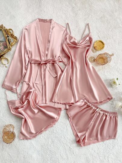 SilkySpell Conjunto de pijama de satén con top de camiseta con escote pronunciado, shorts y bata - Conjunto de pijama de satén rosa - Conjunto de ropa de dormir de satén - Conjunto de pijama de seda - Conjunto de pijamas de seda rosa - Detalles cómodos y elegantes, ropa de otoño e invierno
