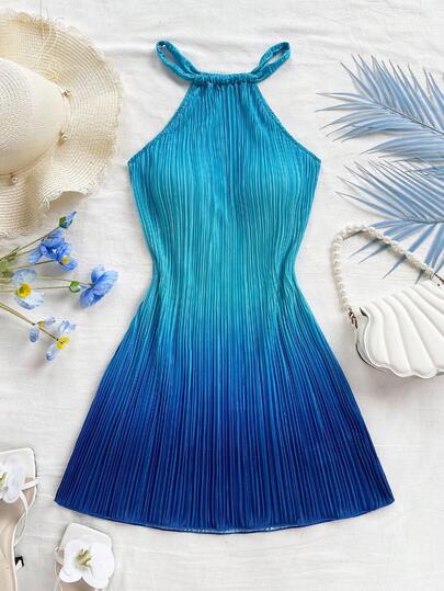 Soleia Women's Vacation Casual Halter Neck Fitted Ombre Print Pleated Mini Dress, Suitable For Party, Vacation, Music Festival, Holiday Date, Afternoon Tea, Beach, Cruise Blue Pleated Dress Blue Ombre Dress Halter Neck Dress Vacation Dress Beach Dress Ombre Pleated Dress Blue Summer Dress Blue Beach Dress Blue Vacation Dress Pleated Dresses Ocean Dress Blue Dress Summer