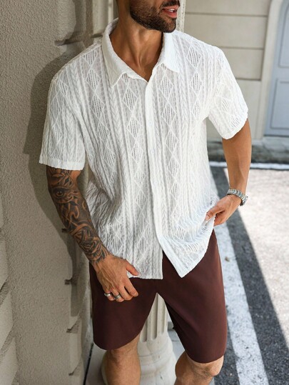 Manfinity Homme Plus Size Men's Geometric Textured Short Sleeve Shirt And Khaki Shorts Casual Suit Men Crochet Shirt Textured Shirt Men