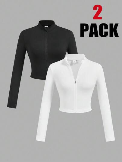 SHEIN Girlism 2 paquetes de tops cortos de punto negro y blanco con cremallera y mangas regulares, tops cortos de manga larga para preadolescentes, 2 paquetes de tops cortos para niñas, camisetas ajustadas de manga larga para niñas, tops cortos de manga larga para niñas, 2 paquetes de tops para niñas, tops con cremallera para preadolescentes, 2 paquetes de camisas para niñas, tops de manga larga para niñas, para otoño/invierno