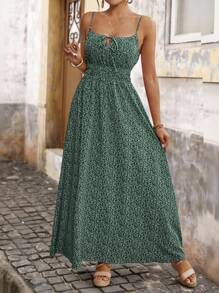 Brillora Women's All-Over Print Summer Sleeveless Knot Strap Dress - Green - View 5