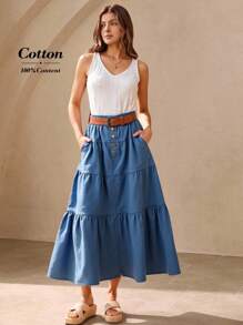 Wildy Cotton Long Denim Skirt Denim Tiered Skirt Women Casual Button Design Ruffle Hem Skirt Boho Skirt Concert Women Boho Women Bohemian For Women Summer Holiday Button Up Skirt