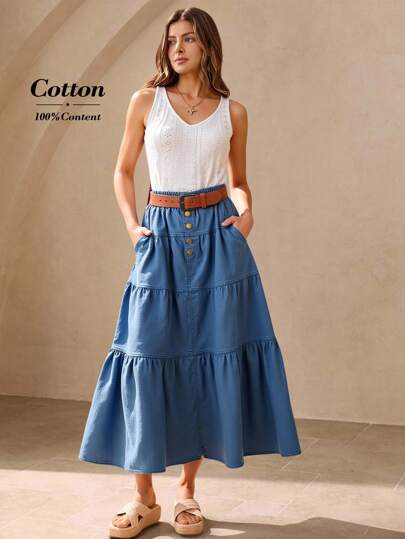 Wildy Cotton Long Denim Skirt Denim Tiered Skirt Women Casual Button Design Ruffle Hem Skirt Boho Skirt Concert Women Boho Women Bohemian For Women Summer Holiday Button Up Skirt