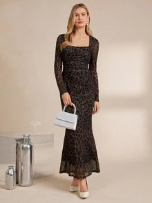 Amorya 女式优雅方领豹纹印花网眼针织弹力修身连衣裙，秋季 - 彩色 - 查看 5