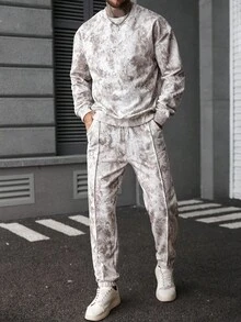 Manfinity Homme Men's Crew Neck Pullover Sweatshirt Set, Mature Casual Style Men Tie Dye Jogger Set Men 2 Pieces Set Men Grey And White Set Men 2 Pieces Outfits Men Jogger Set