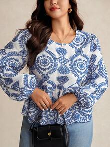 Elaquor Blus Wanita Ukuran Besar Kasual Modis Serbaguna dengan Bordir, Tali Belakang, Ruffle, dan Patchwork Warna Biru & Putih, Lengan Panjang, Pakaian Musim Gugur untuk Wanita - Blue and White - View 4