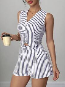 SHEIN Clasi 女式夏季条纹休闲背心和短裤两件套 - 白色 - 查看 4