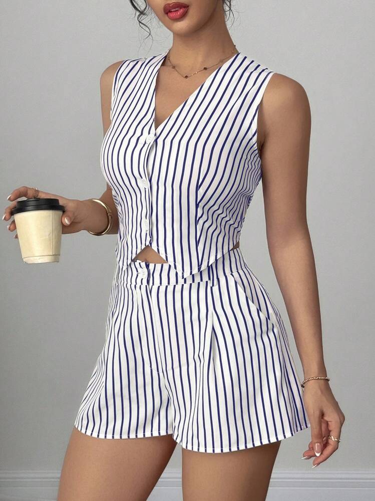 SHEIN Clasi 女式夏季条纹休闲背心和短裤两件套 - 白色 - 查看 4