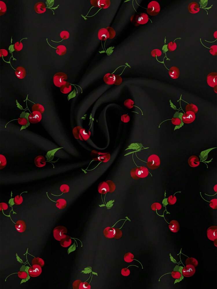 SHEIN Frenchy 大码女式 V 领短袖樱桃印花休闲度假连衣裙，黑色迷你连衣裙 - 彩色 - 查看 7