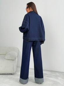 EURMUSE DWUCZĘŚCIOWY STRÓJ KOBIECY KURTKA DŻINSOWA I DŻINSY Z SZEROKĄ NOGAWKĄ I WYSOKIM STANEM