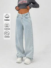 SHEIN Cottnline بنطلون جينز للنساء بقطع واسع في الساق وتفاصيل ممزقة خصر مرتفع - أزرق فاتح - مشاهدة 1