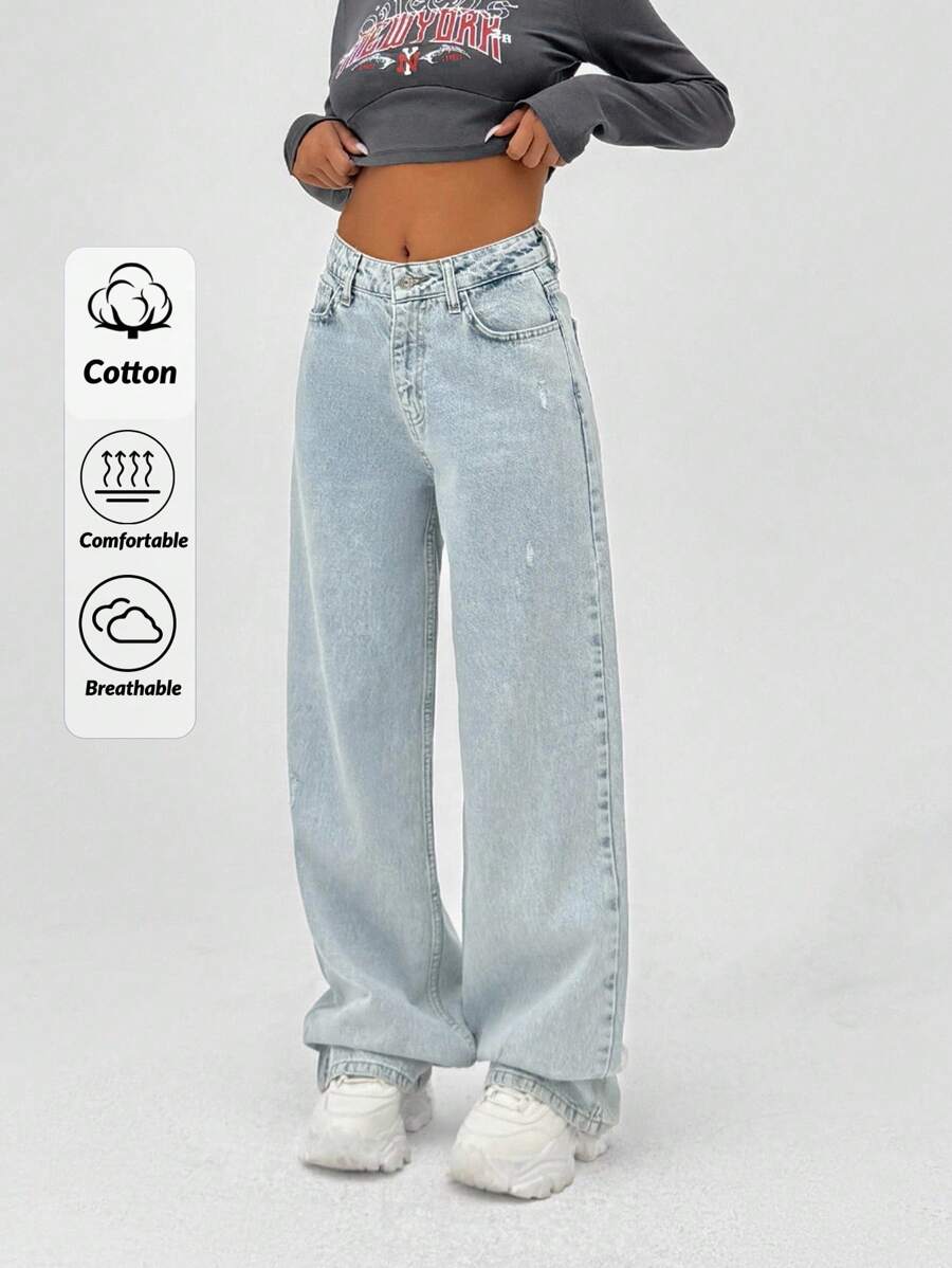 SHEIN Cottnline بنطلون جينز للنساء بقطع واسع في الساق وتفاصيل ممزقة خصر مرتفع - أزرق فاتح - مشاهدة 1
