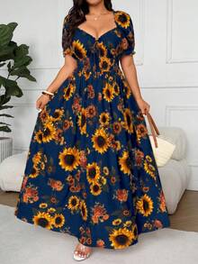 Flirla 大码女式度假向日葵印花前系带露肩优雅连衣裙 - 藏蓝色 - 查看 6