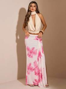 SHEIN BAE Chân váy xẻ tà họa tiết hoa thanh lịch dành cho nữ, mùa hè - trắng - Xem 7