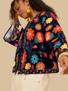 SHEIN VCAY 大码休闲花卉印花梭织喇叭袖宽松常规女式衬衫，喇叭袖上衣 - 黑色 - 查看 1