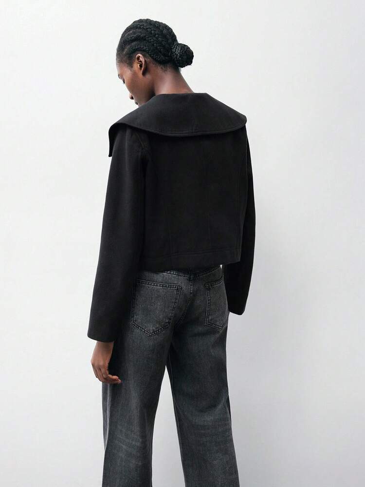 SHEIN Maija 2025年 オーバーサイズ メタル ダブルブレスト デザイン レディース ブラック オーバーコート、レディース ウィンターコート、秋冬レディース、新年、パーティートップ、モダンアーバン、ストリートスタイルクールなレディースコート