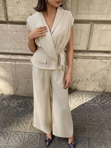 Aloruh 杏色女士休闲腰带，秋冬女士西装套装 - 杏色 - 查看 7