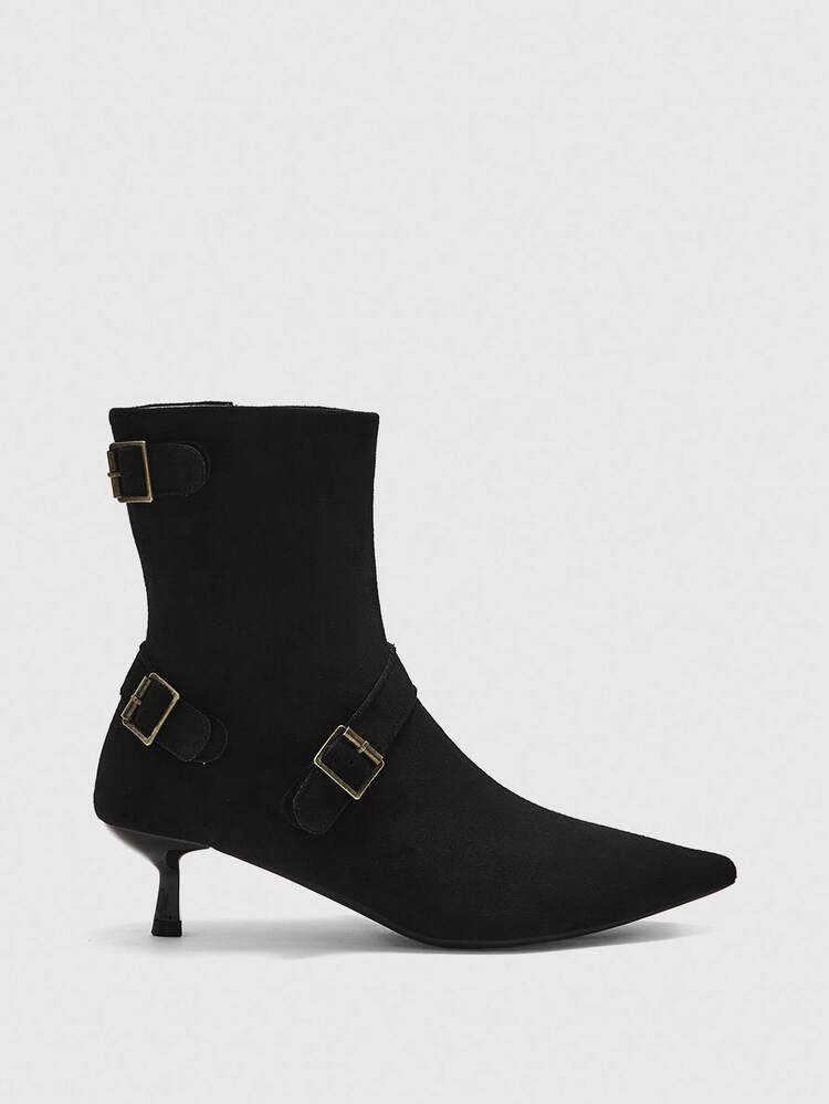 CUCCOO BIZCHIC Bottines noires à bout pointu pour femmes, nouvelles bottes d'automne, bottes pour femmes, bottines à talon bas, bottes ajustées, bottes mode à boucle et découpe