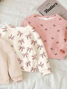 SHEIN Happikins 三件套女童奶油白、米色、粉色复古豹纹蝴蝶结迷你波点蝴蝶结图案休闲舒适柔软圆领套头卫衣，适合秋冬季节穿着，舒适百搭，适合宝宝和女孩秋季叠穿，时尚休闲，适合宝宝和女孩，秋季服装，返校季，适合居家、学校、外出、街拍等场合 - 彩色 - 查看 4