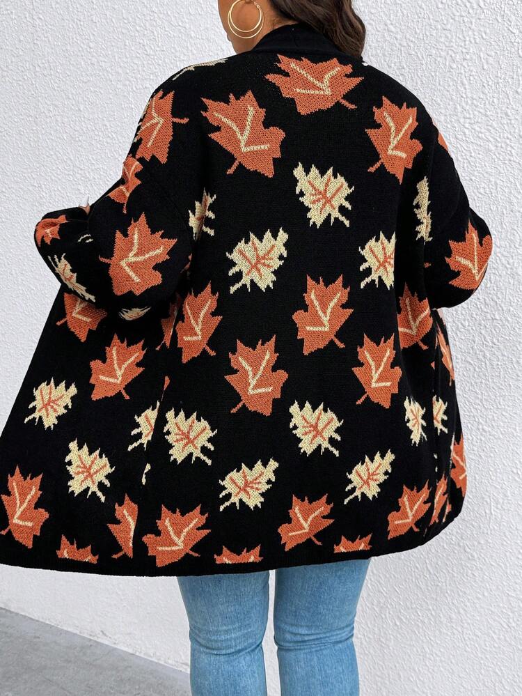 EMERY ROSE Cardigan Longgar Wanita Ukuran Plus dengan Motif Rajutan Daun Maple, Lengan Panjang untuk Musim Dingin, Gugur, dan Musim Gugur. - MultiWarna - View 2