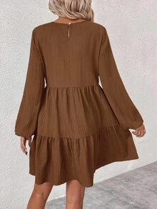 SHEIN LUNE Women's Casual Solid Color Pleated Mini Dress Fall Cloth For Women - Brown - View 2