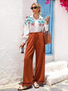 Vivid Eden Pantalones anchos de pierna ancha con dobladillo con flecos de unicolor para vacaciones de mujer - Óxido marrón - Ver 3