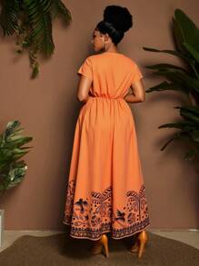 Maweii 大码女式优雅浪漫度假椰子树印花V领天使袖A字连衣裙 - 黃色 - 查看 2